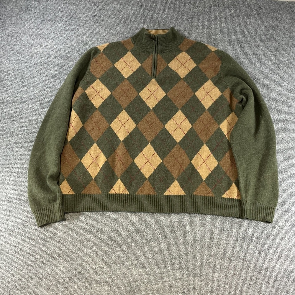 Brooks Brothers 346 Mens XXL Green Argyle 100% Lambswool Quarter Zip Sweater